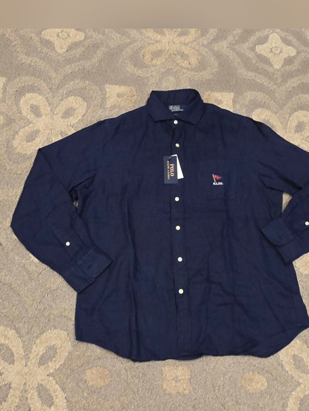 Polo by Ralph Lauren Classics Navy Flag Embroidered Linen Shirt L